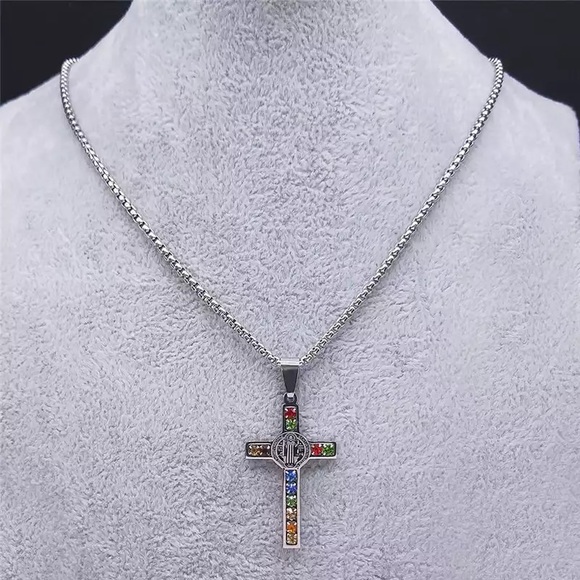 Stainless Steel Crystal Cross Pendant Necklace - Picture 8 of 12